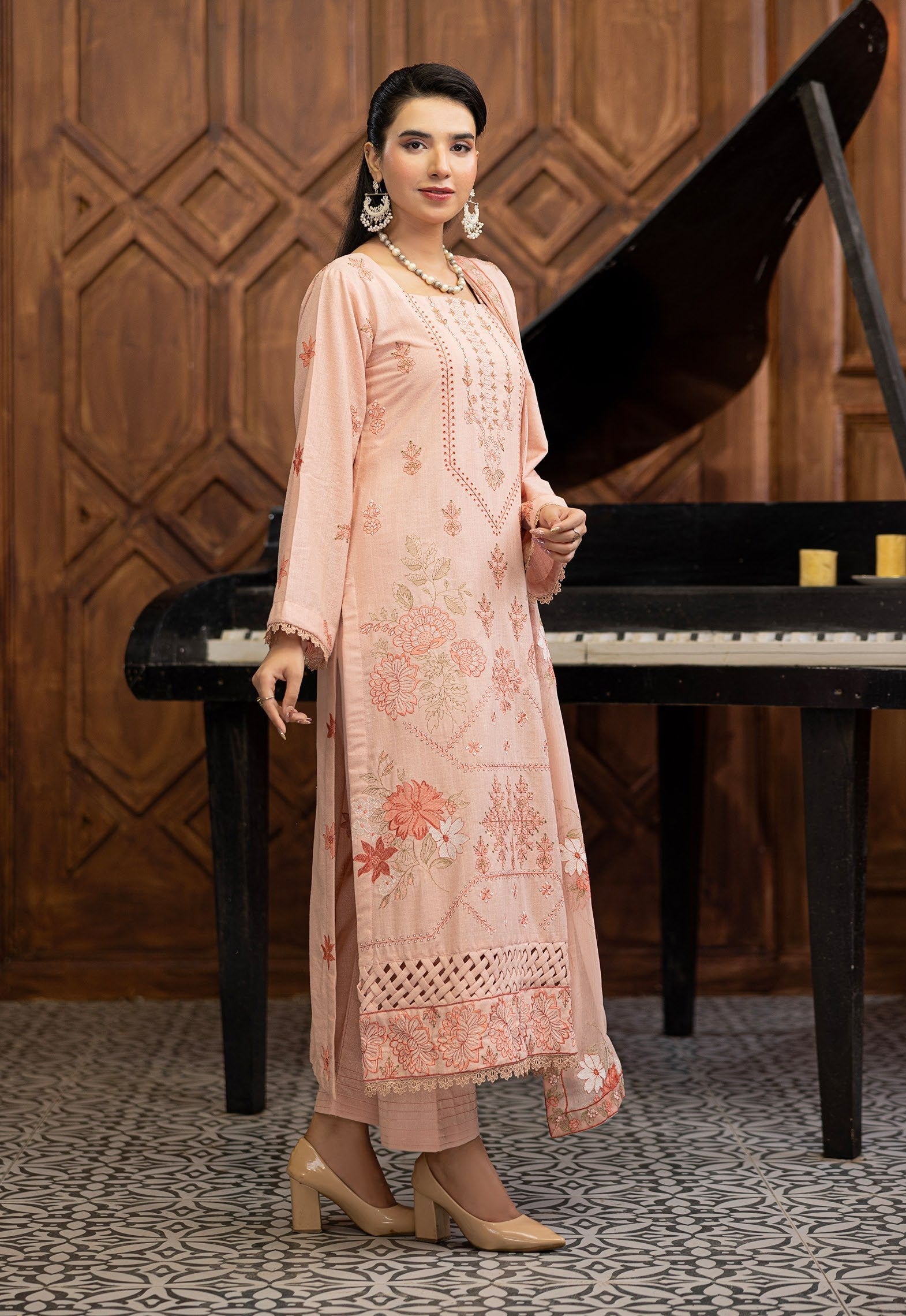 Air jet fancy peach wool  With laser cut dupatta Vol-593