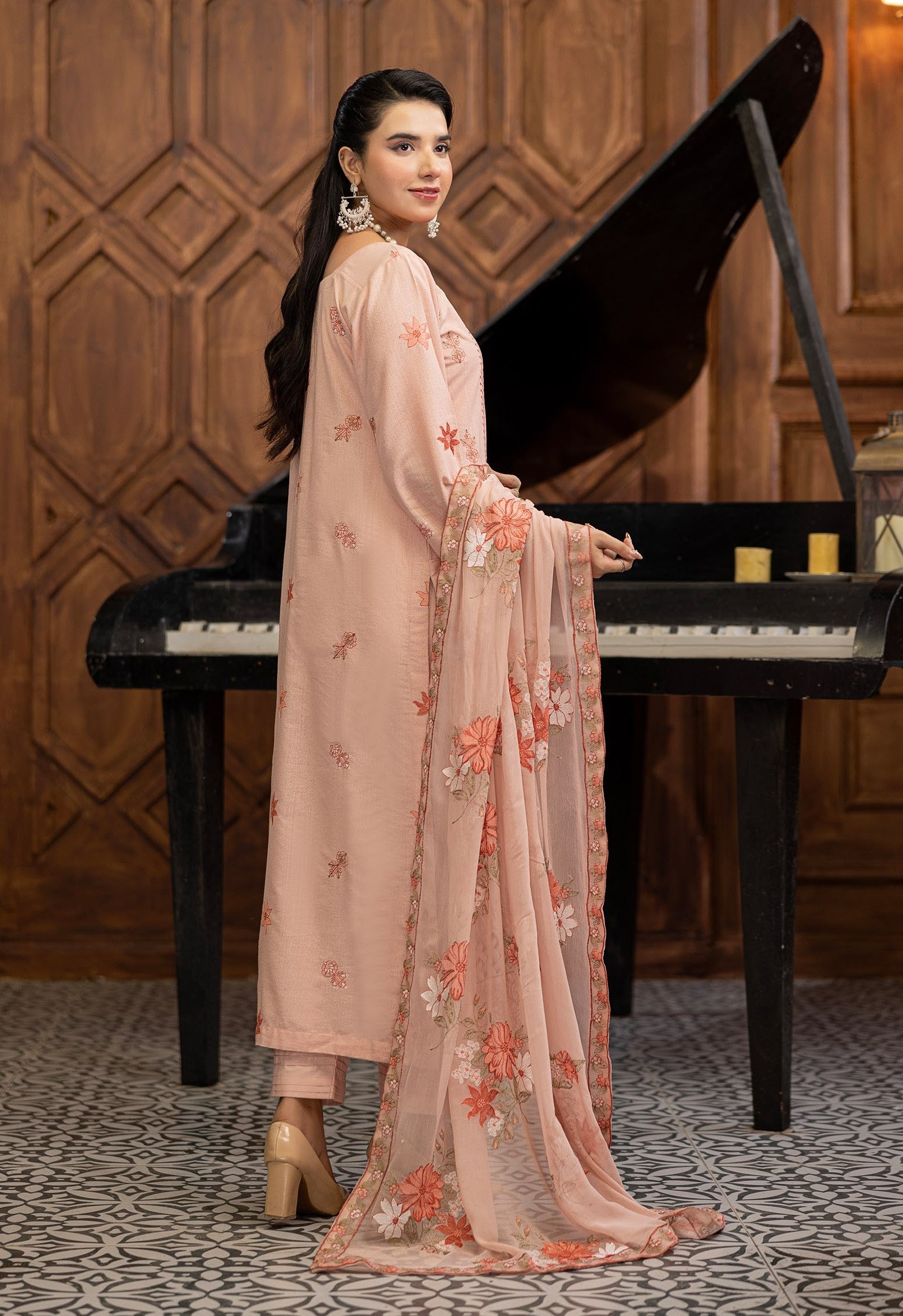 Air jet fancy peach wool  With laser cut dupatta Vol-593