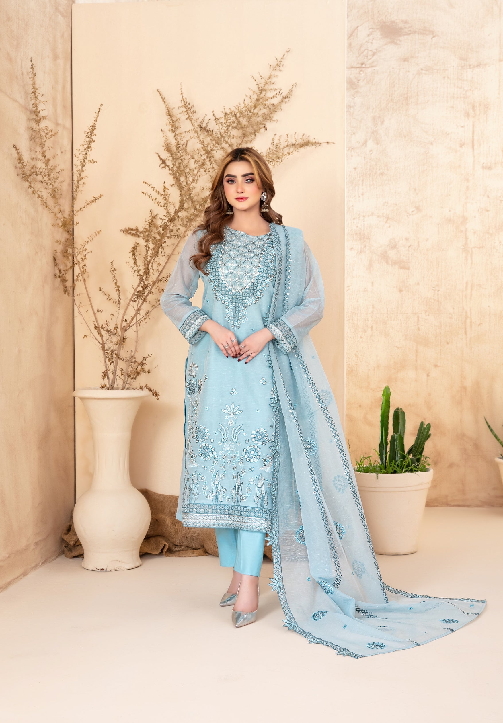 Lilen Embroidered Shirt & Fancy chiffon D-2918